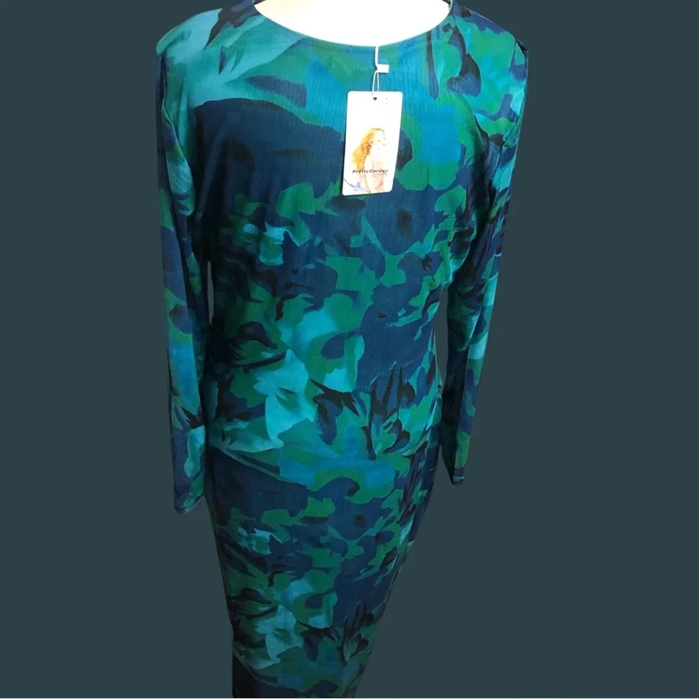 Green and Blue Long Sleeve Bodycon Dress for Night Out - Picture 2 of 15